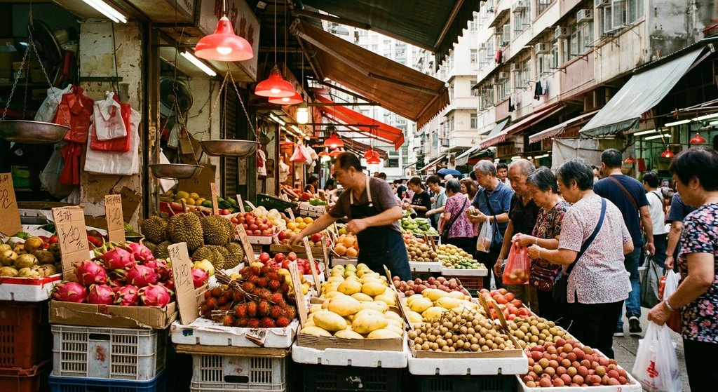 Hong Kong wet market stall piled with tropical fruit, bright colours