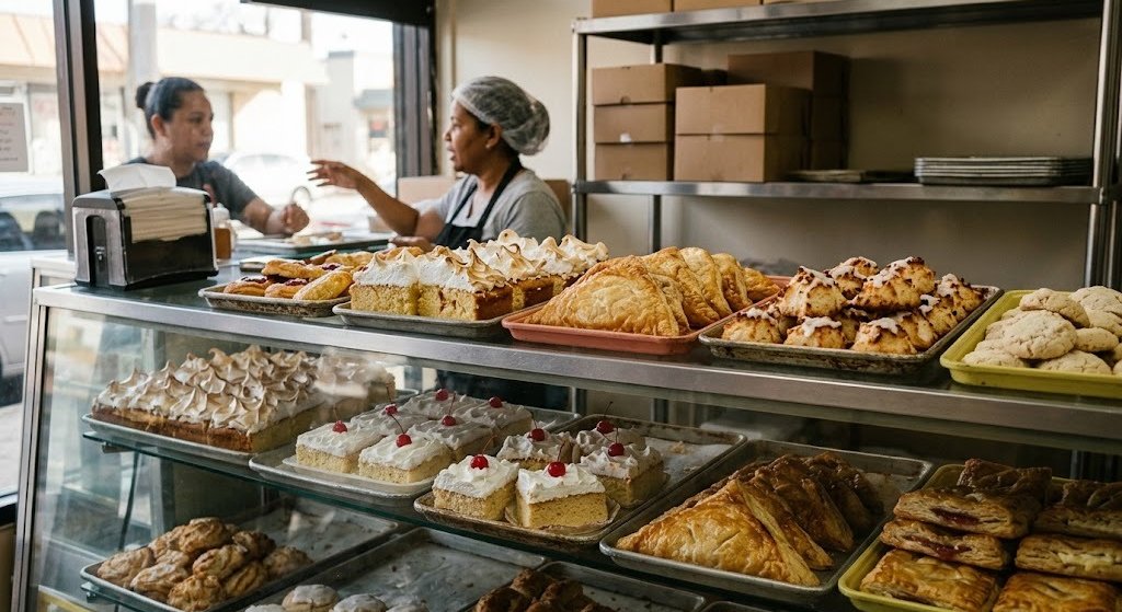 Dominican bakery counter with trays of sweets and pastries