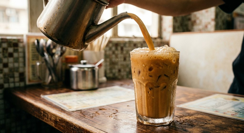 Hong Kong cafe counter with milk tea being poured, condensation